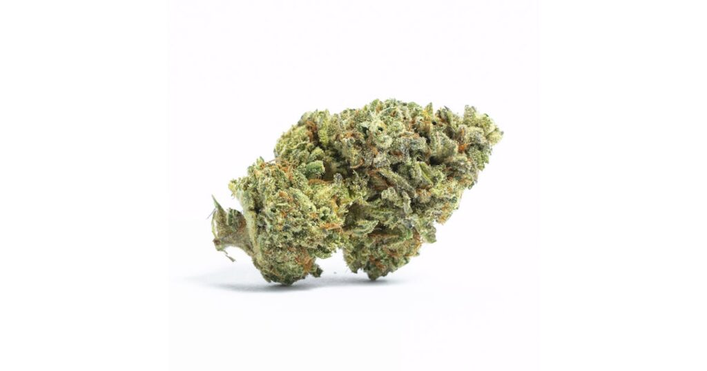 "Close-up shot of Space OG cannabis buds with dense, frosty trichomes and vibrant green hues, showcasing the high-quality indoor-grown flowers of this hybrid strain."
